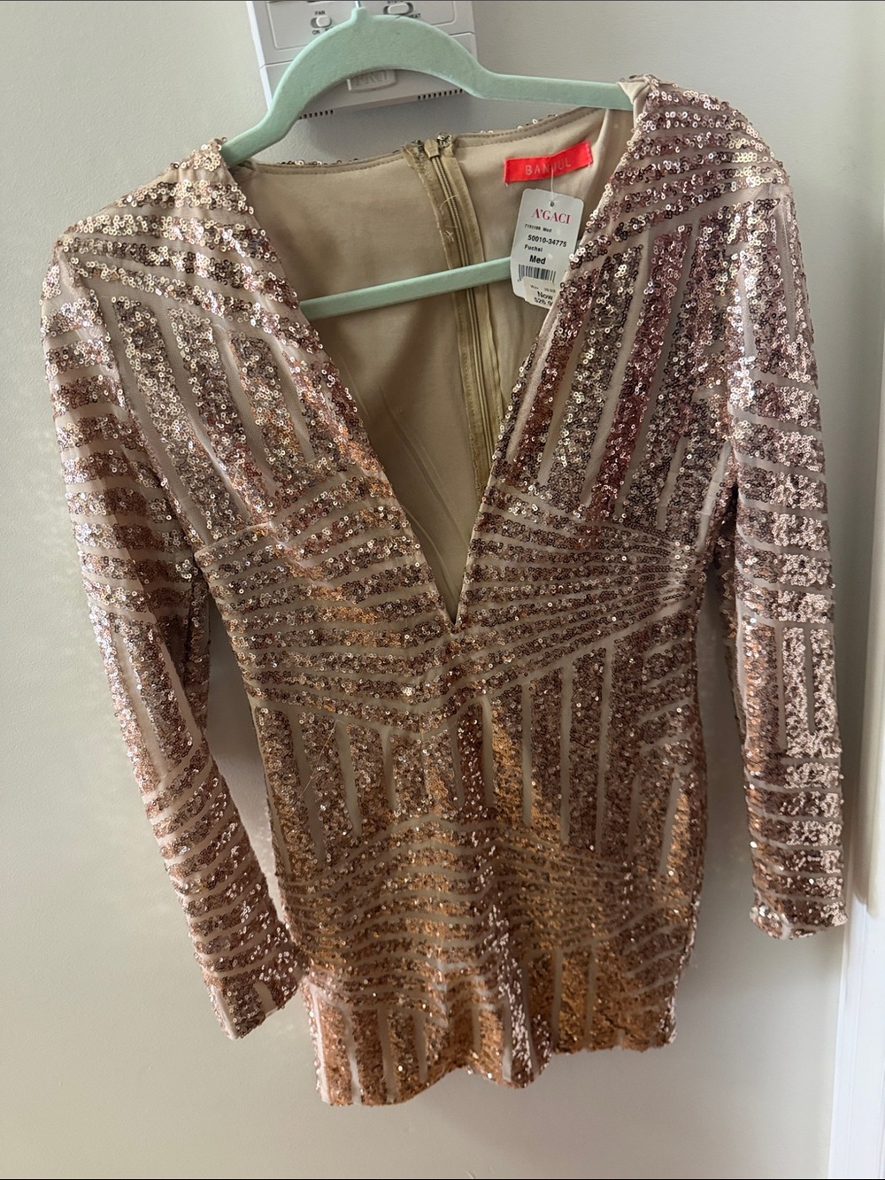 Bardot Rose Gold Sequin Long Sleeve V-Neck Mini Dress